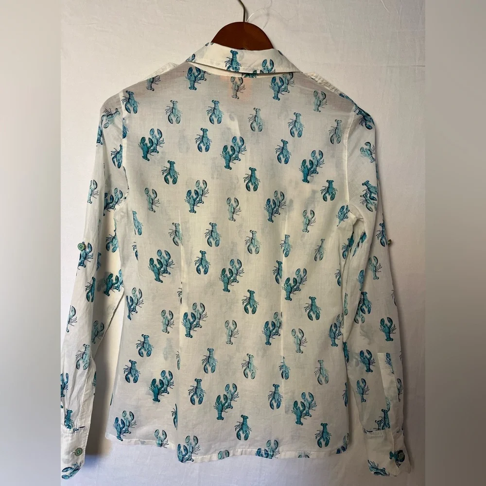 Tory Burch Women’s Brigitte Lobster Print Button Up Shirt - White/Turquoise- 2